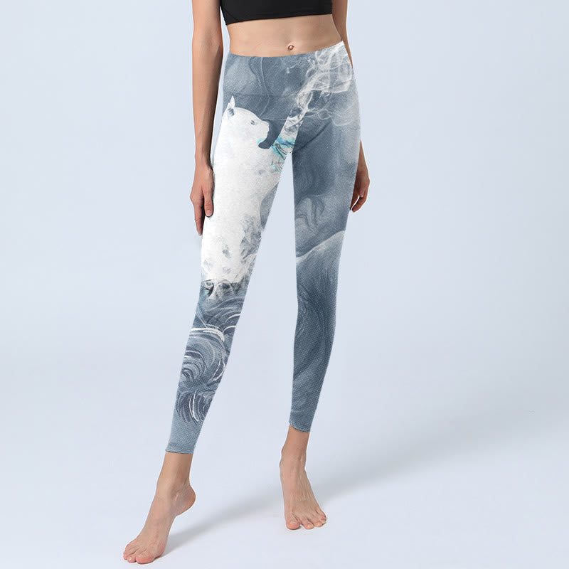 Leggings de ejercicio para mujer con diseño de gato blanco y gris pizarra claro y Buddha Stones - image 5