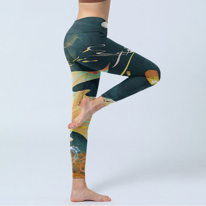 Leggings de ejercicio para mujer con diseño de torre de linternas del cielo y peces koi en color gris pizarra oscuro y Buddha Stones - image 3