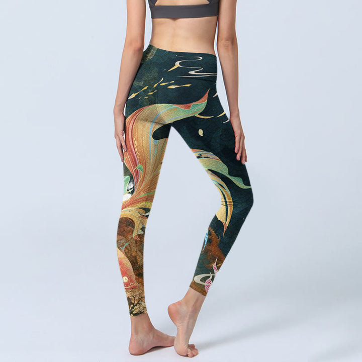 Leggings de ejercicio para mujer con diseño de torre de linternas del cielo y peces koi en color gris pizarra oscuro y Buddha Stones - image 5