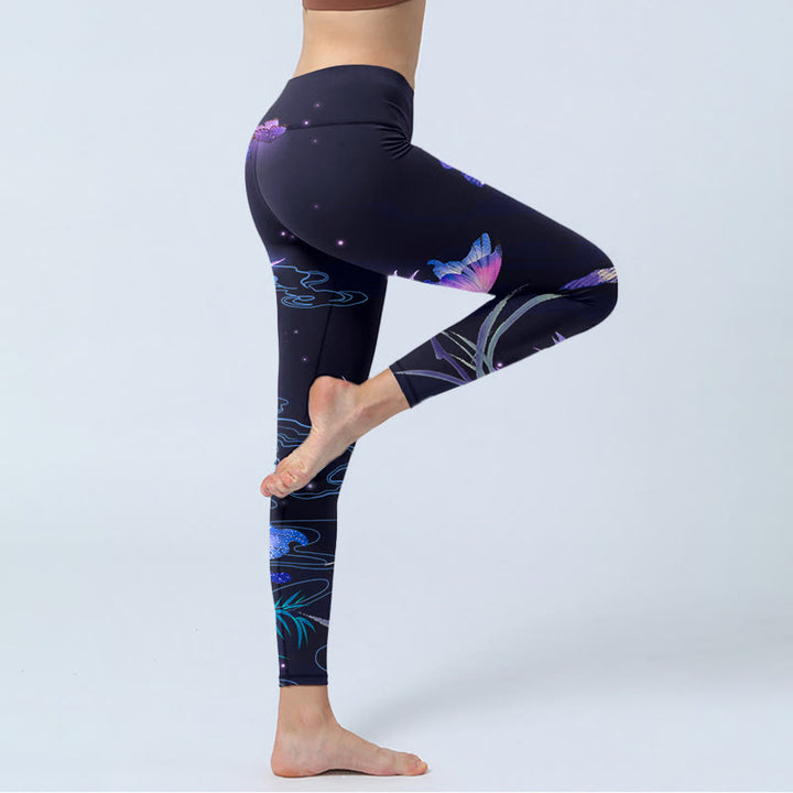 Leggings de ejercicio con diseño de flores de color azul medianoche y mariposas moradas y Buddha Stones para mujer - image 3