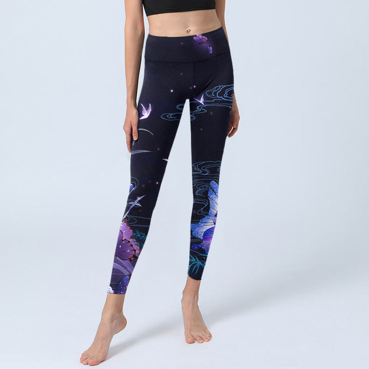 Leggings de ejercicio con diseño de flores de color azul medianoche y mariposas moradas y Buddha Stones para mujer - image 5