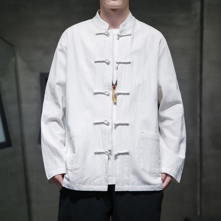 Traje chino Tang de algodón con botones de rana y Buddha Stones para hombre, chaqueta y camisa con bolsillos - Blanco - US/UK/AU46, EU56 (5XL) - image 0