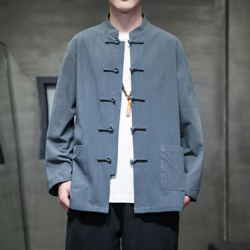 Traje chino Tang de algodón con botones de rana y Buddha Stones para hombre, chaqueta y camisa con bolsillos - Azul polvo - US/UK/AU46, EU56 (5XL) - image 12