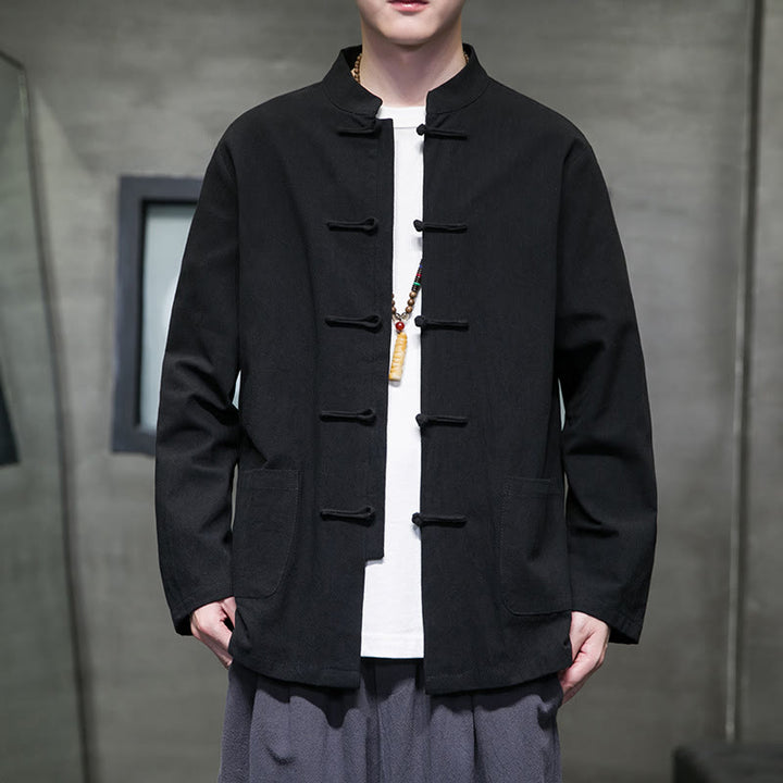 Traje chino Tang de algodón con botones de rana y Buddha Stones para hombre, chaqueta y camisa con bolsillos - Negro - US/UK/AU46, EU56 (5XL) - image 44