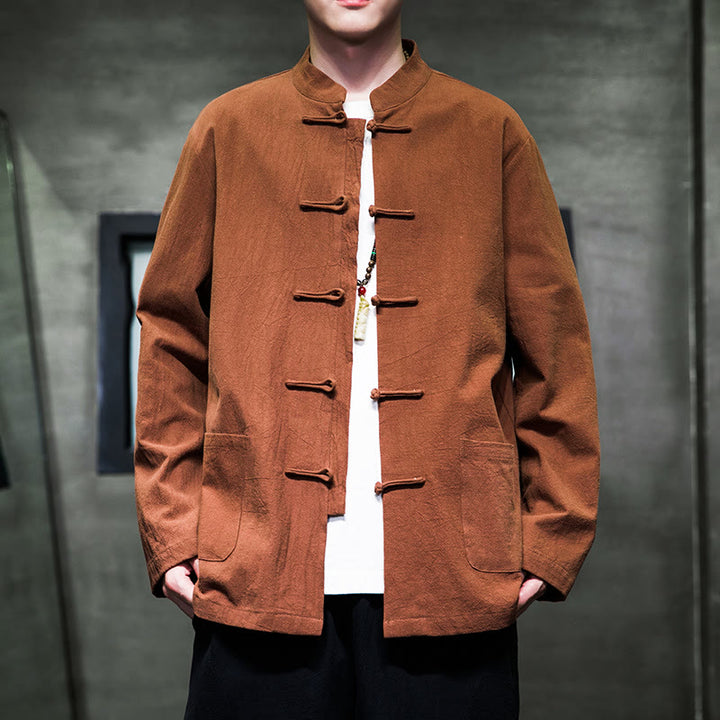 Traje chino Tang de algodón con botones de rana y Buddha Stones para hombre, chaqueta y camisa con bolsillos - Sandy Brown - US/UK/AU46, EU56 (5XL) - image 24