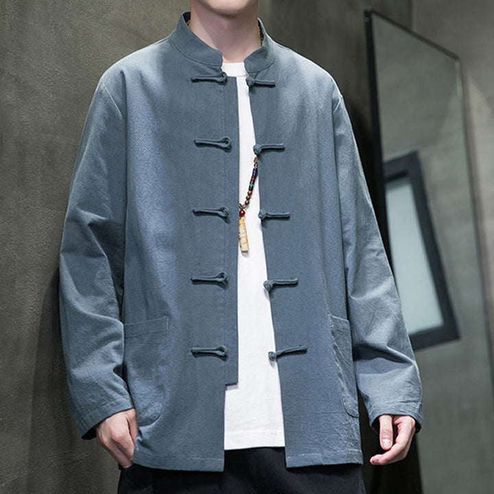 Traje chino Tang de algodón con botones de rana y Buddha Stones para hombre, chaqueta y camisa con bolsillos - image 19