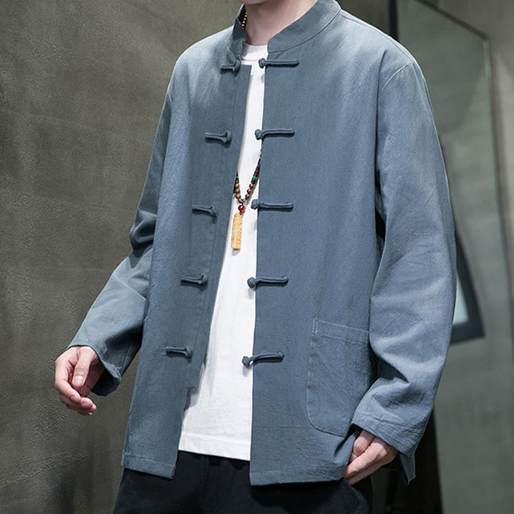 Traje chino Tang de algodón con botones de rana y Buddha Stones para hombre, chaqueta y camisa con bolsillos - image 16