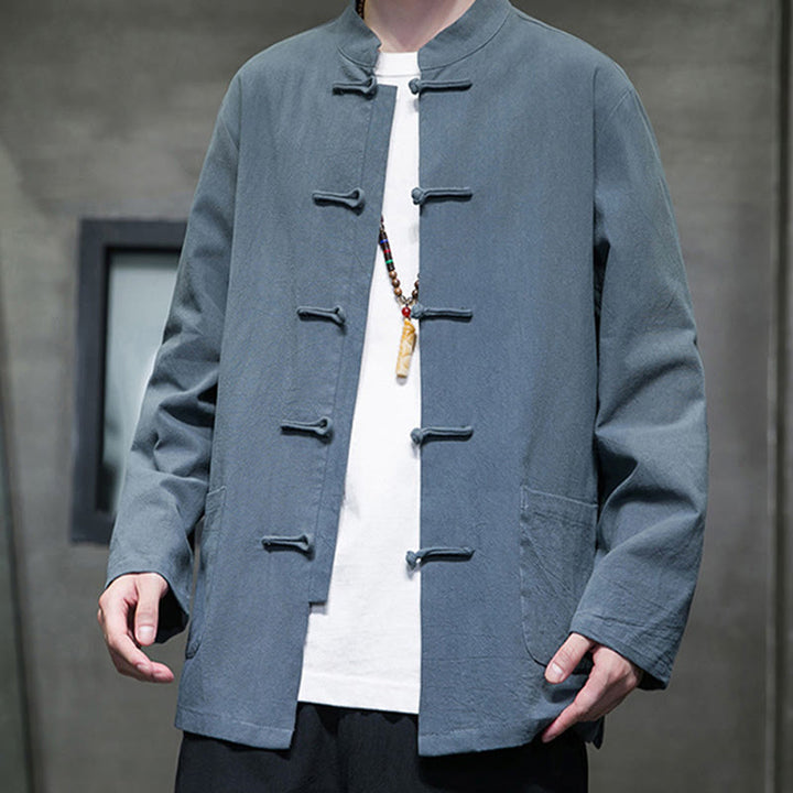 Traje chino Tang de algodón con botones de rana y Buddha Stones para hombre, chaqueta y camisa con bolsillos - image 13