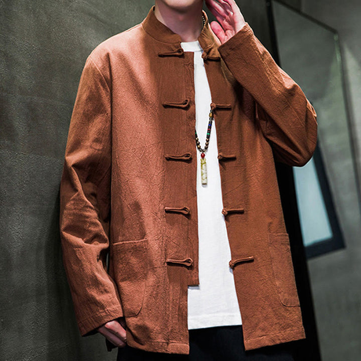 Traje chino Tang de algodón con botones de rana y Buddha Stones para hombre, chaqueta y camisa con bolsillos - image 29