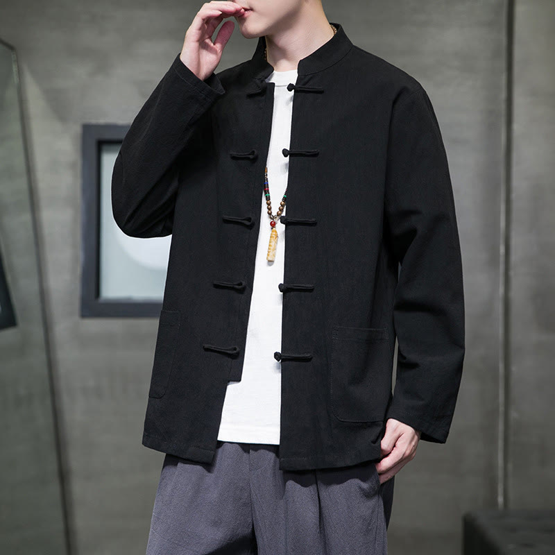 Traje chino Tang de algodón con botones de rana y Buddha Stones para hombre, chaqueta y camisa con bolsillos - image 47