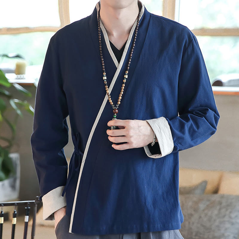 Camisa de manga larga con bloques de color de Buddha Stones, ropa de lino con cordones para hombre - Azul acero - US/UK/AU46, EU56 (5XL) - image 0