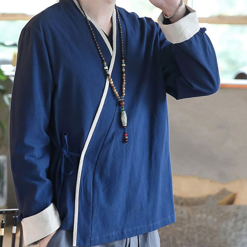 Camisa de manga larga con bloques de color de Buddha Stones, ropa de lino con cordones para hombre - image 1