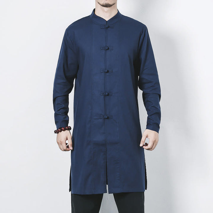 Abrigo de lino de longitud media para hombre con botones de rana y Buddha Stones en otoño, ropa zen - image 1