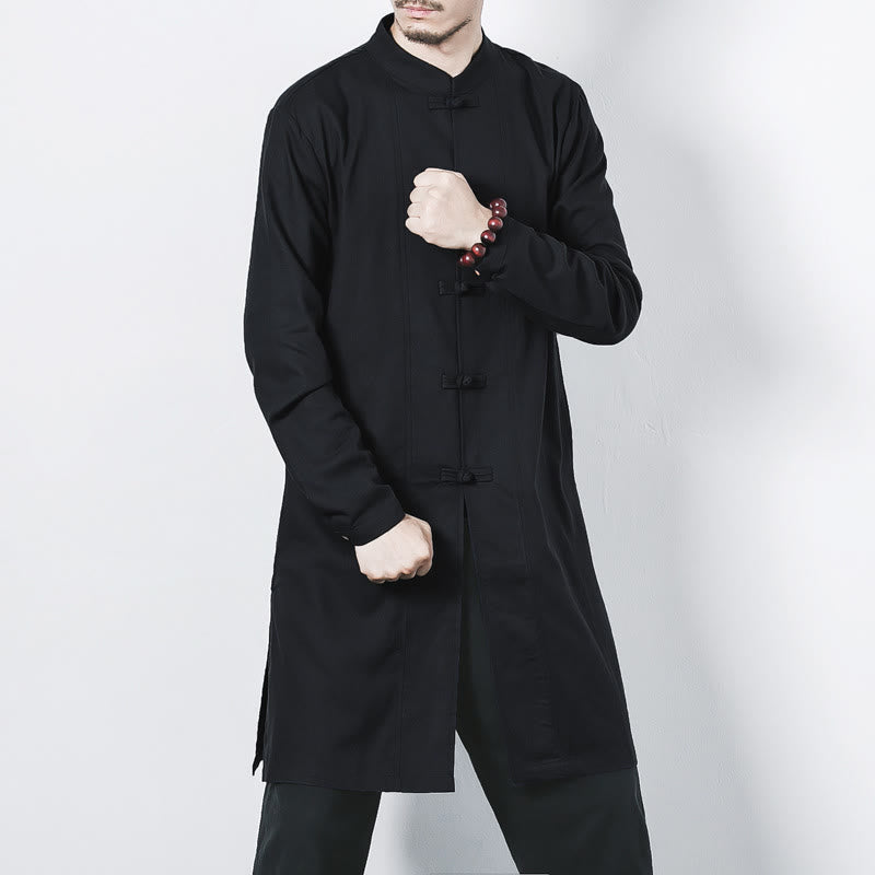 Abrigo de lino de longitud media para hombre con botones de rana y Buddha Stones en otoño, ropa zen - Negro - US/UK/AU46, EU56 (5XL) - image 16