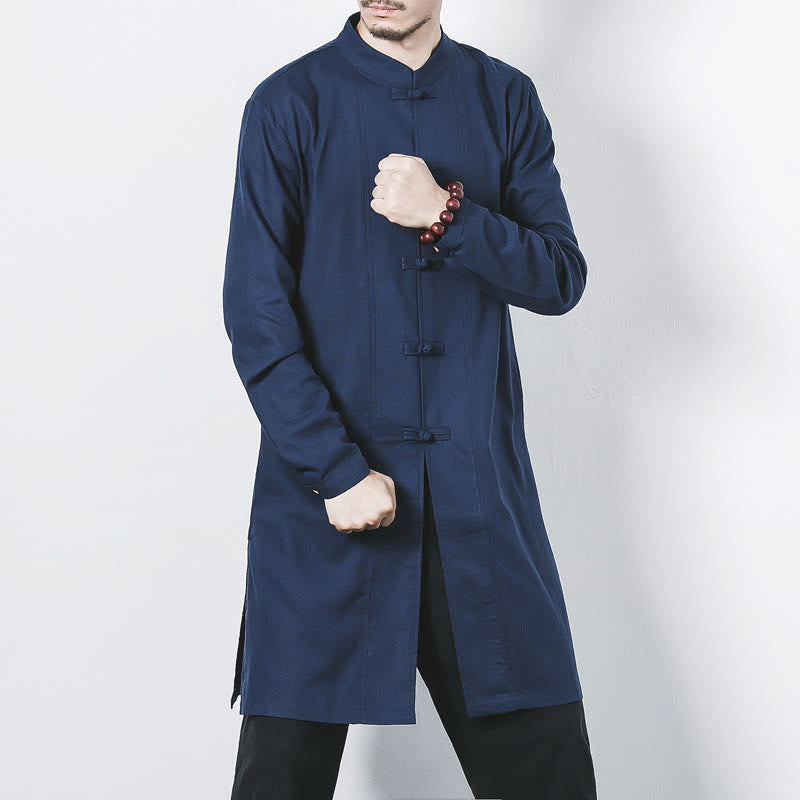 Abrigo de lino de longitud media para hombre con botones de rana y Buddha Stones en otoño, ropa zen - Azul acero - US/UK/AU46, EU56 (5XL) - image 0