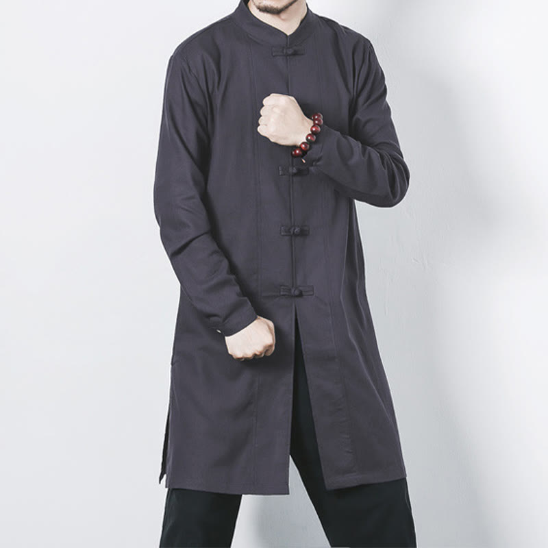 Abrigo de lino de longitud media para hombre con botones de rana y Buddha Stones en otoño, ropa zen - Gris - US/UK/AU46, EU56 (5XL) - image 22