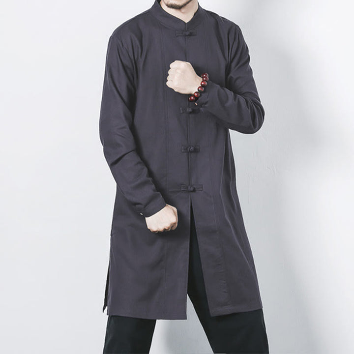 Abrigo de lino de longitud media para hombre con botones de rana y Buddha Stones en otoño, ropa zen - Gris - US/UK/AU46, EU56 (5XL) - image 22