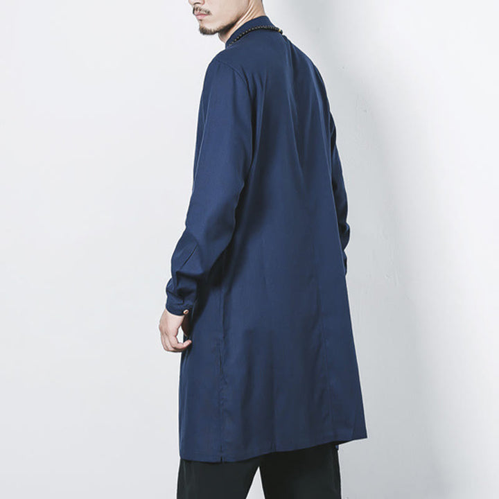 Abrigo de lino de longitud media para hombre con botones de rana y Buddha Stones en otoño, ropa zen - image 3