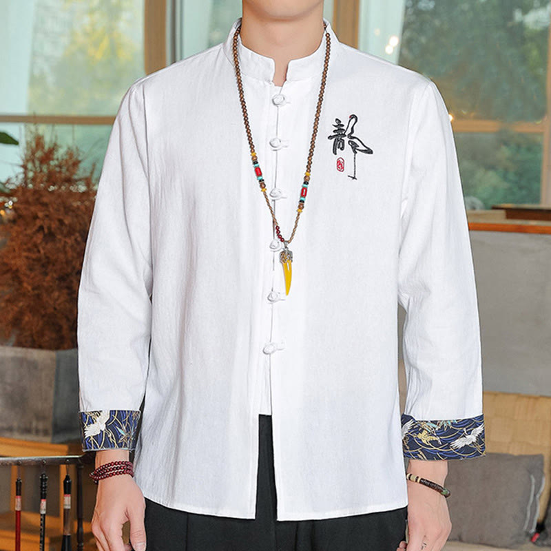 Camisa de lino con Buddha Stones y caída para hombre, ropa zen - Blanco - US/UK/AU46, EU56 (5XL) - image 0
