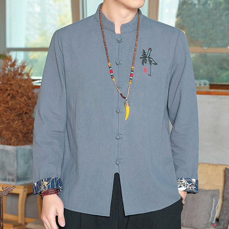 Camisa de lino con Buddha Stones y caída para hombre, ropa zen - Azul claro - US/UK/AU46, EU56 (5XL) - image 10