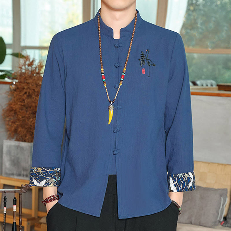 Camisa de lino con Buddha Stones y caída para hombre, ropa zen - Azul acero - US/UK/AU46, EU56 (5XL) - image 21