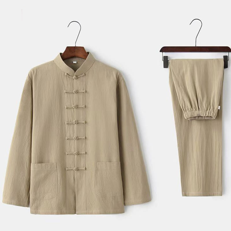 Conjunto de 2 piezas de traje Tang con Buddha Stones , uniforme tradicional con botones de rana, camisa de manga larga y pantalones para hombre - Beige - US/UK/AU44, UE54 (5XL) - image 0