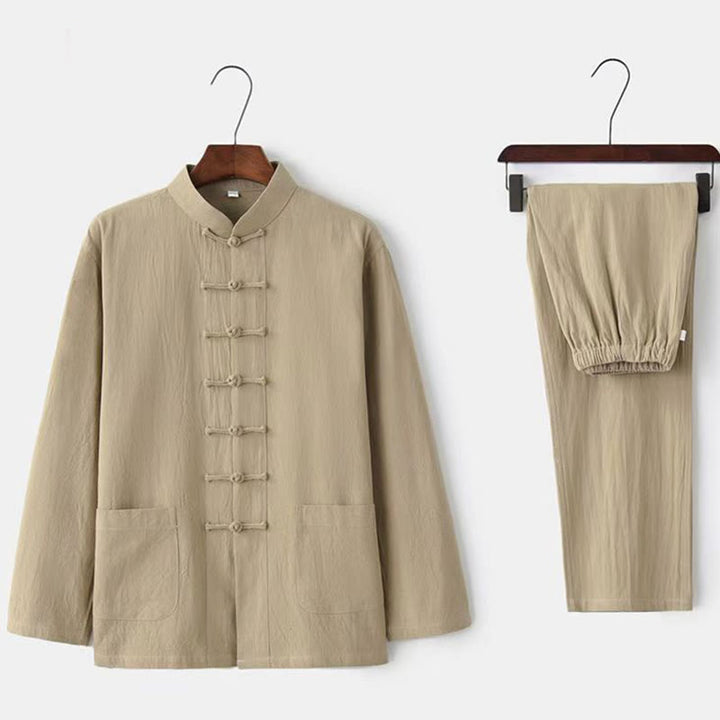 Conjunto de 2 piezas de traje Tang con Buddha Stones , uniforme tradicional con botones de rana, camisa de manga larga y pantalones para hombre - Beige - US/UK/AU44, UE54 (5XL) - image 0