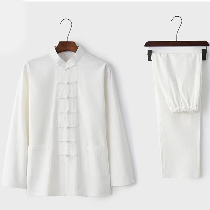 Conjunto de 2 piezas de traje Tang con Buddha Stones , uniforme tradicional con botones de rana, camisa de manga larga y pantalones para hombre - Blanco - US/UK/AU46, EU56 (5XL) - image 1