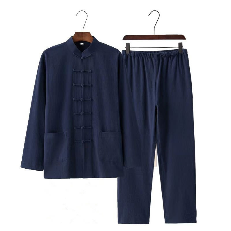 Conjunto de 2 Buddha Stones de traje tradicional Tang con botones de rana, camisa de manga larga y pantalón para hombre. - image 13