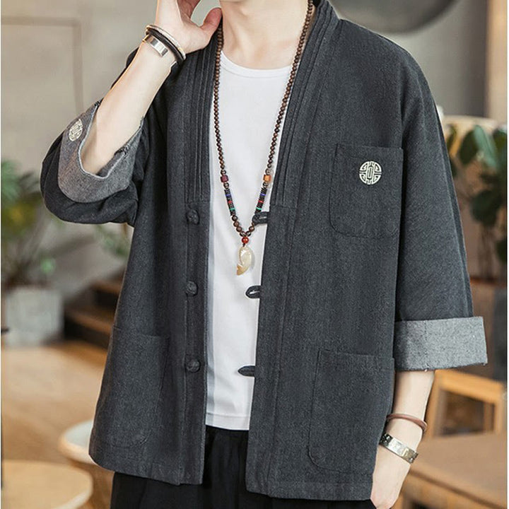 Traje de espiga con botones de rana para hombre de Buddha Stones, chaqueta, camisa y bolsillos con mangas tres cuartos - image 2