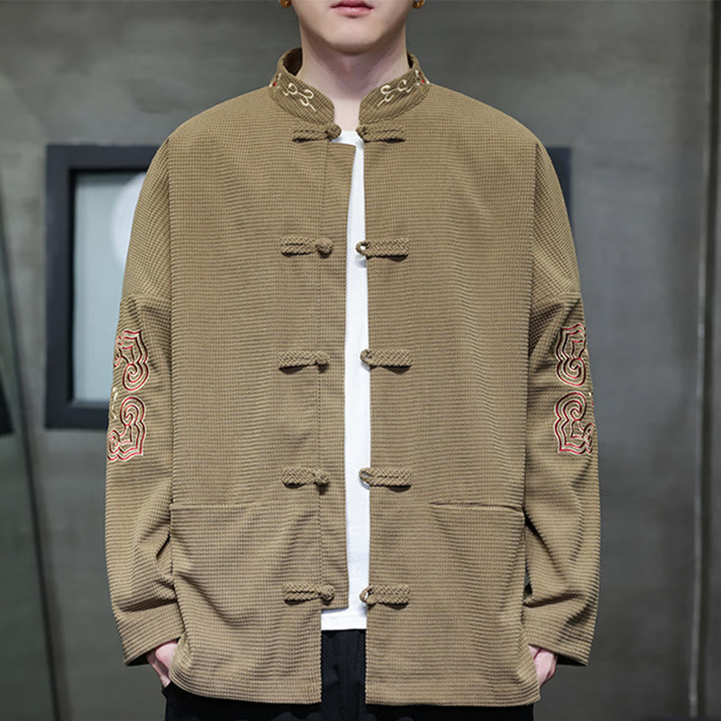 Traje de espiga con botones de rana para hombre de Buddha Stones , chaqueta larga de algodón pana bordada y bolsillos