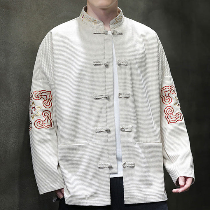 Traje de espiga con botones de rana para hombre de Buddha Stones , chaqueta larga de algodón pana bordada y bolsillos