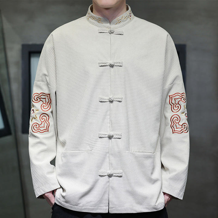 Traje de espiga con botones de rana para hombre de Buddha Stones , chaqueta larga de algodón pana bordada y bolsillos