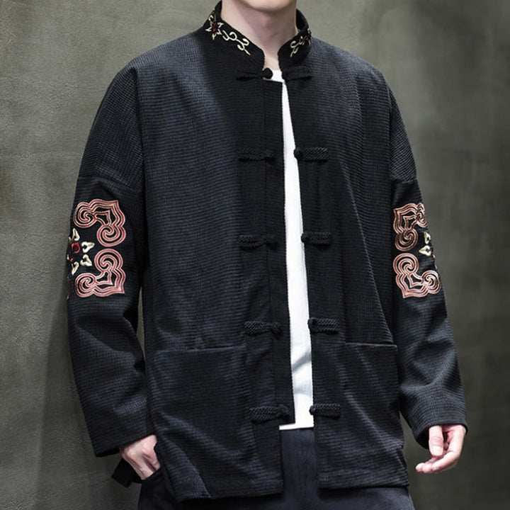 Traje de espiga con botones de rana para hombre de Buddha Stones , chaqueta larga de algodón pana bordada y bolsillos
