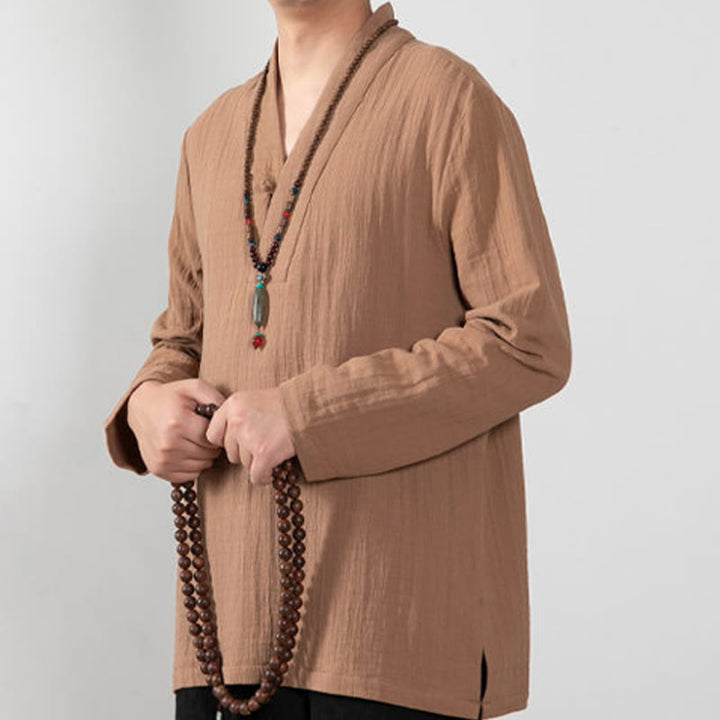 Camiseta de algodón de manga larga con cuello en V y estampado de Buddha Stones para hombre