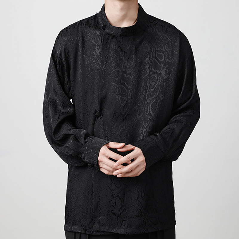 Camisa de manga larga con botones de rana y jacquard con estampado de Buddha Stones para hombre - Negro - US/UK/AU46, EU56 (5XL) - image 11