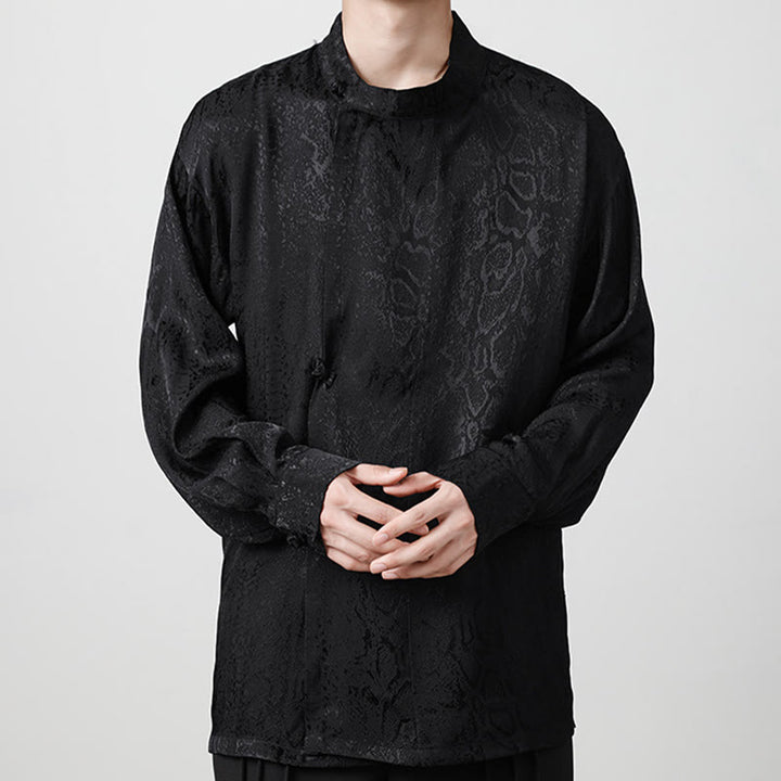 Camisa de manga larga con botones de rana y jacquard con estampado de Buddha Stones para hombre - Negro - US/UK/AU46, EU56 (5XL) - image 11