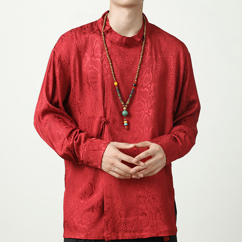 Camisa de manga larga con botones de rana y jacquard con estampado de Buddha Stones para hombre - Rojo - US/UK/AU46, EU56 (5XL) - image 19