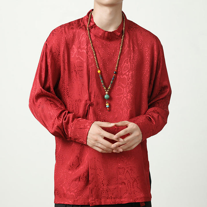Camisa de manga larga con botones de rana y jacquard con estampado de Buddha Stones para hombre - Rojo - US/UK/AU46, EU56 (5XL) - image 19