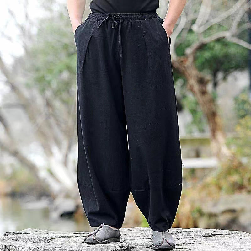 Pantalones harén de algodón con bolsillos y cordón informal para hombre con Buddha Stones - Negro - US/UK/AU46, EU56 (5XL) - image 4