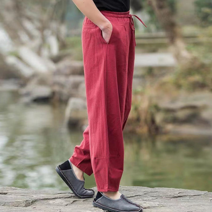 Pantalones harén de algodón con bolsillos y cordón informal para hombre con Buddha Stones - image 13