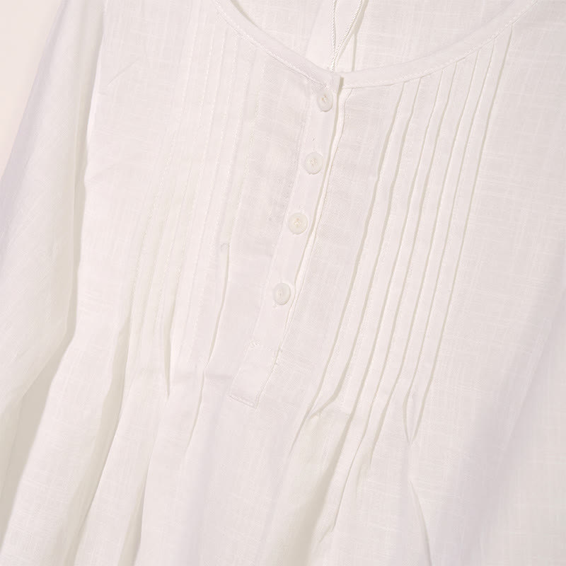 Camisa de lino y algodón con cuello redondo y manga larga plisada informal con Buddha Stones para mujer - image 7