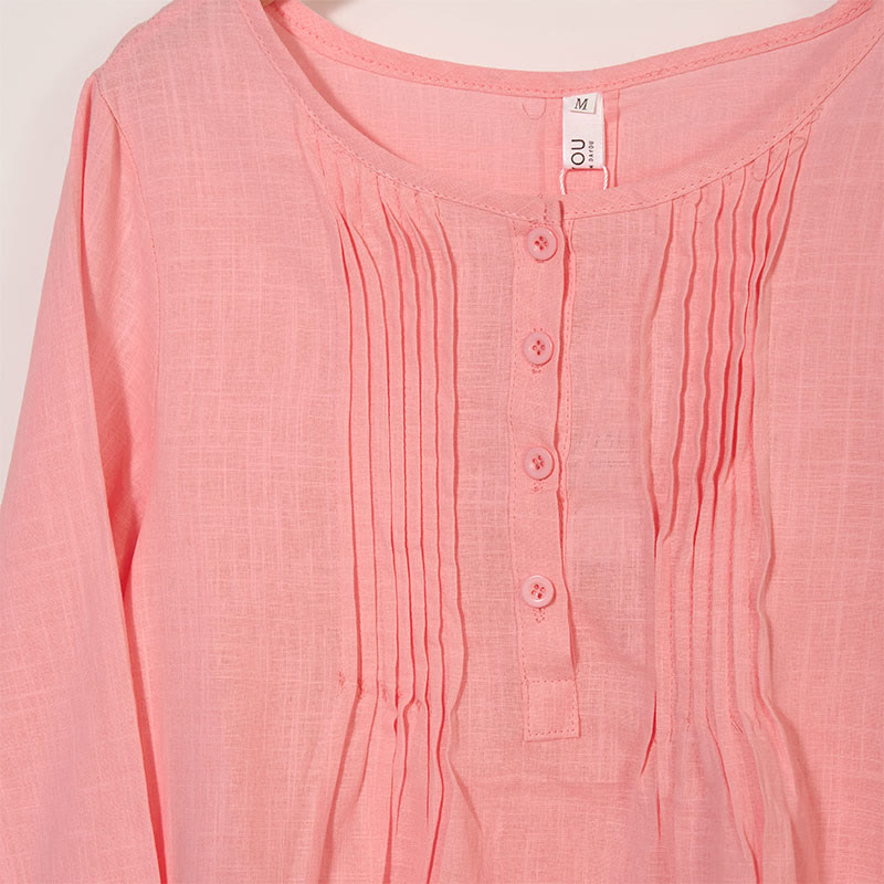 Camisa de lino y algodón con cuello redondo y manga larga plisada informal con Buddha Stones para mujer - image 10