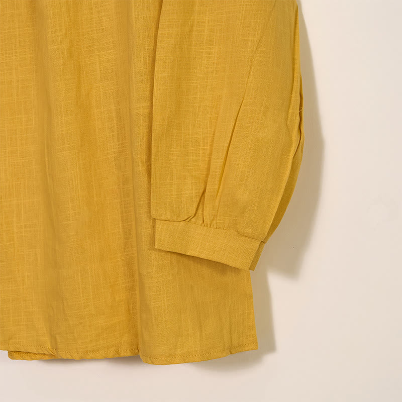 Camisa de lino y algodón con cuello redondo y manga larga plisada informal con Buddha Stones para mujer - image 3