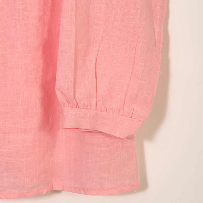 Camisa de lino y algodón con cuello redondo y manga larga plisada informal con Buddha Stones para mujer - image 11