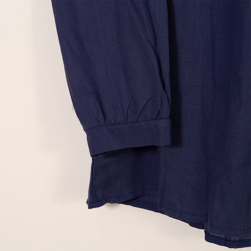 Camisa de lino y algodón con cuello redondo y manga larga plisada informal con Buddha Stones para mujer - image 15