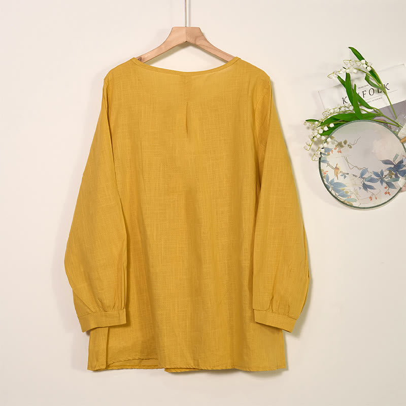 Camisa de lino y algodón con cuello redondo y manga larga plisada informal con Buddha Stones para mujer - image 1