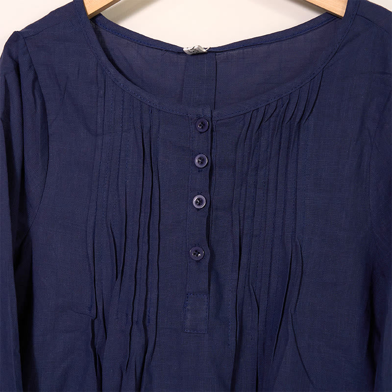 Camisa de lino y algodón con cuello redondo y manga larga plisada informal con Buddha Stones para mujer - image 14