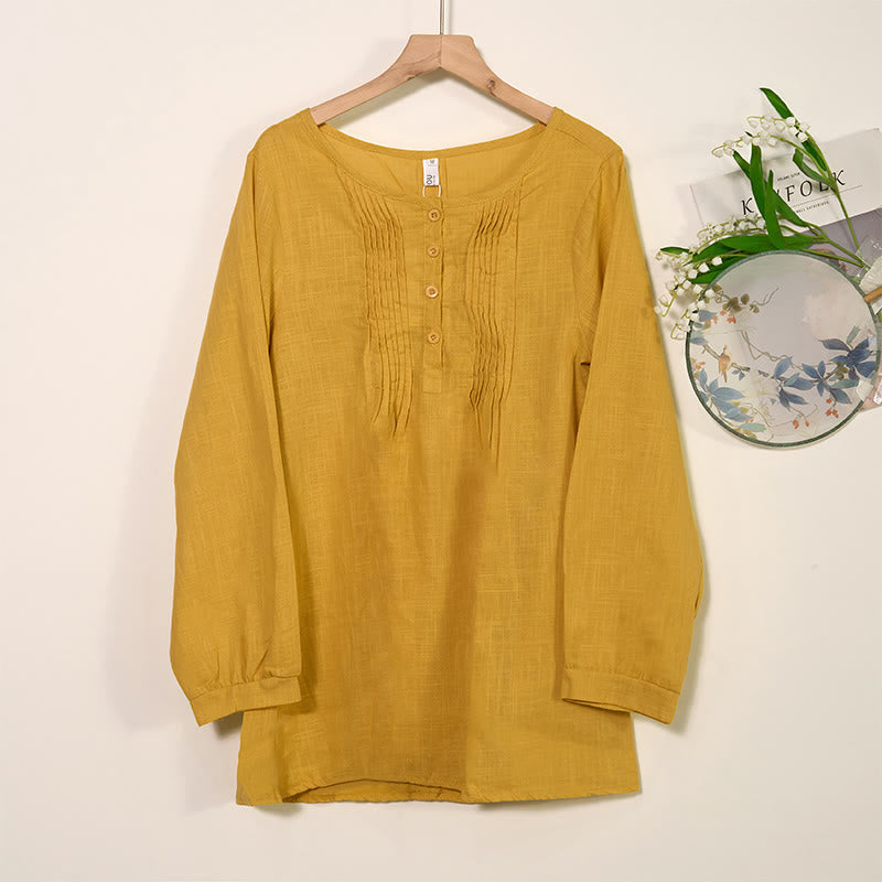 Camisa de lino y algodón con cuello redondo y manga larga plisada informal con Buddha Stones para mujer - vara de oro - US/UK/AU46, EU56 (5XL) - image 0