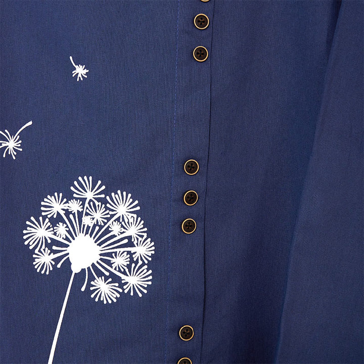 Camisa de lino y algodón con cuello redondo y manga larga informal con diseño de diente de león y Buddha Stones para mujer - image 7